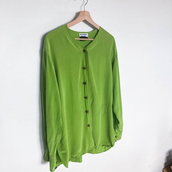 Vintage Lime Green 100% Silk Blouse - Picture 3 of 11